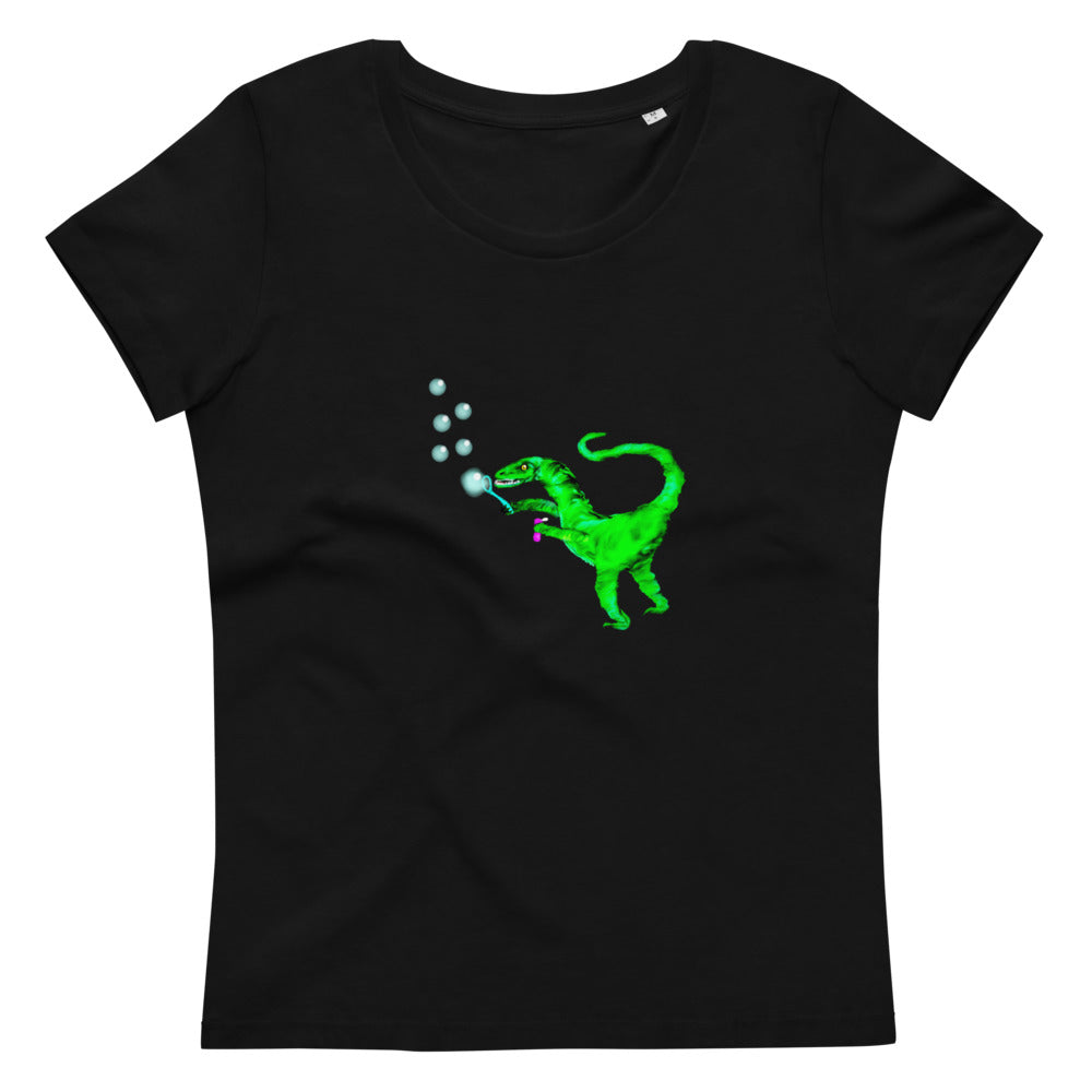 Velociraptor blowing bubbles Women's vegan organic cotton t-shirt in black