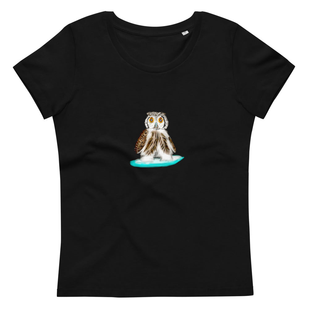 Owl on a surfboard women's vegan organic cotton t-shirt in black