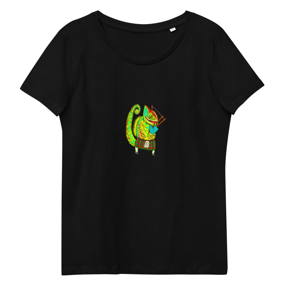 Bagpiper chameleon women's vegan organic cotton t-shirt in black