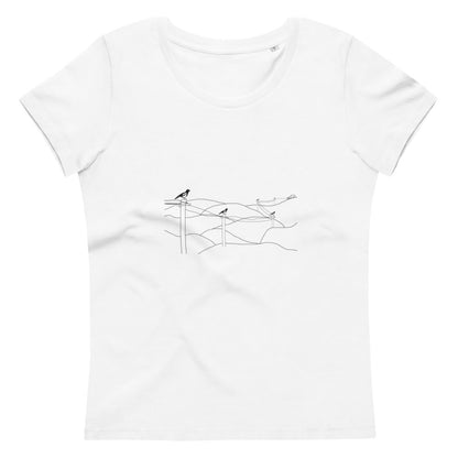 Magpies on a wire women's vegan organic cotton t-shirt in white