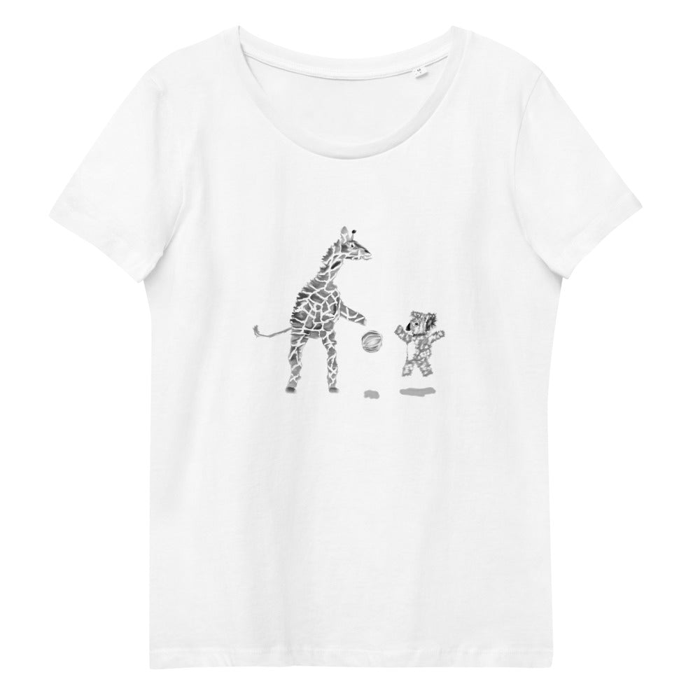 Koala and giraffe playing basketball women's vegan organic cotton t-shirt
