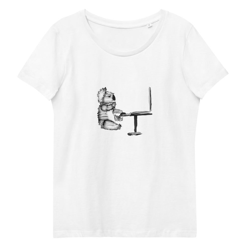 Koala on a computer women's vegan organic cotton t-shirt in white