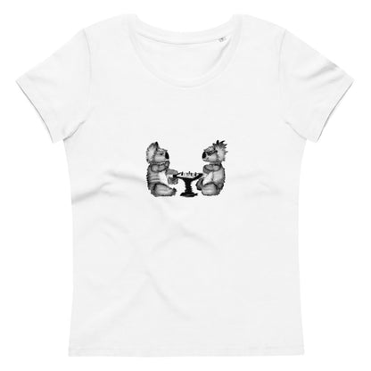 Koalas playing chess women's vegan organic cotton t-shirt in white