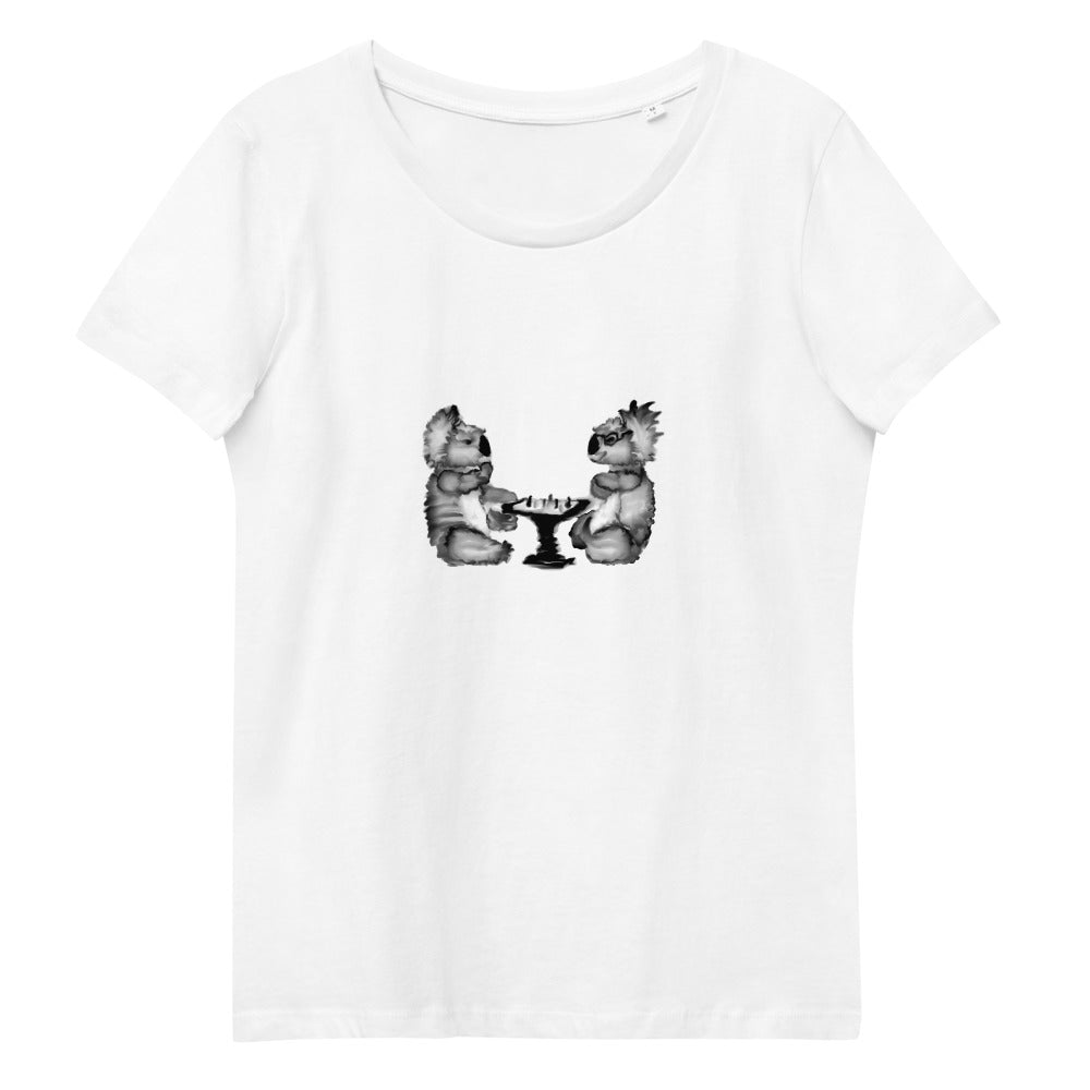 Koalas playing chess women's vegan organic cotton t-shirt in white