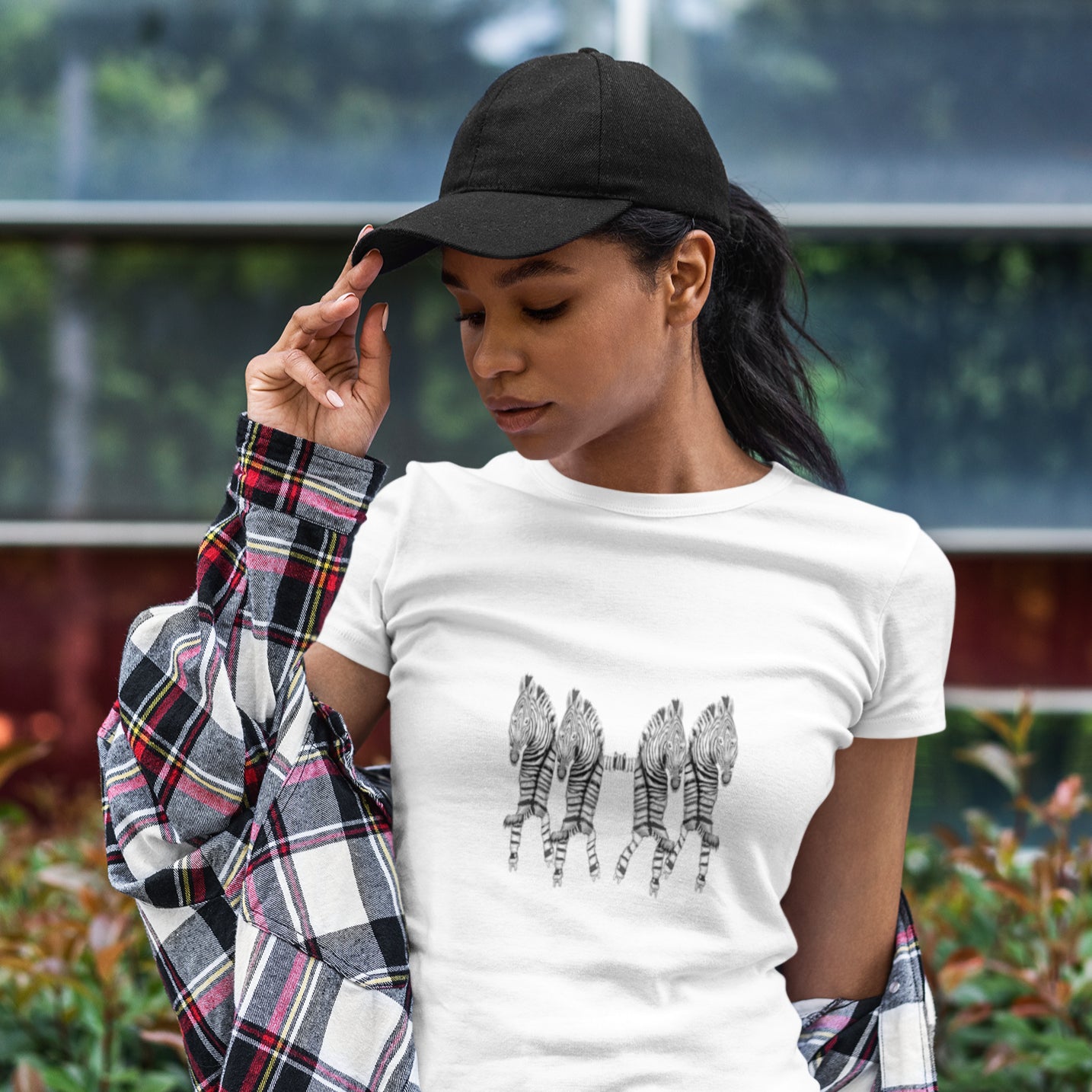 Zebra Roller Skates | 100% Organic Cotton T Shirt worn by a woman